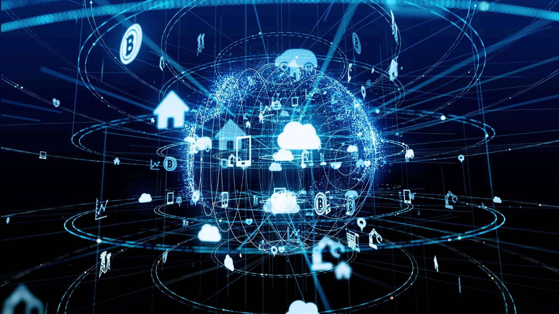 Visualization of AI and ML applications in the telecommunications industry, including sales assistance, churn prediction, segmentation, and network optimization